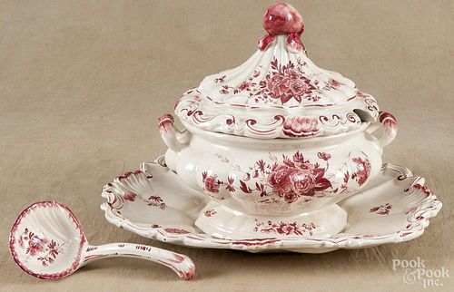 Italian porcelain tureen, 20th c., with an undertray and a ladle, 11'' h.