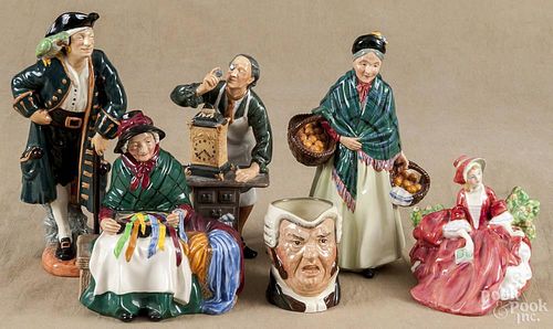 Five Royal Doulton porcelain figures, 20th c., to include The Clockmaker, Silks and Ribbons