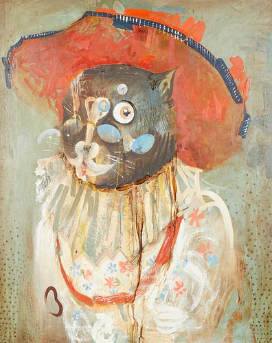 T.L. Solien "Cat in a Red Hat" Painting 1995
