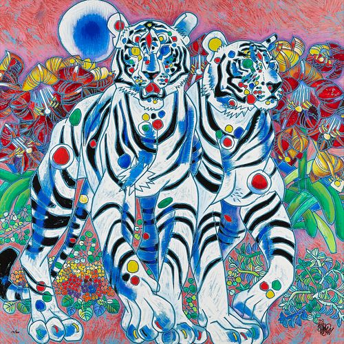 Tiefeng Jiang "White Tigers" Serigraph on Canvas
