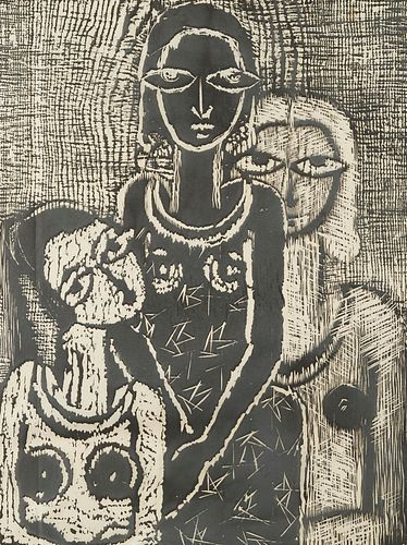 Gopal Mitra "Three Sisters" Woodcut 1962