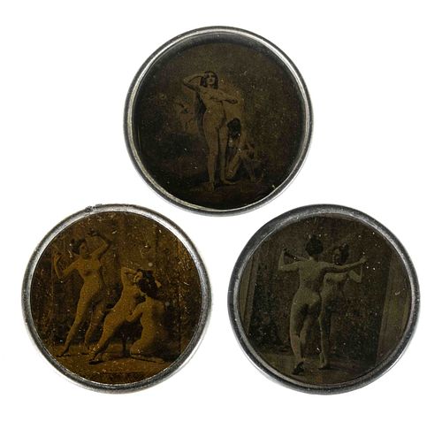 VICTORIAN RISQUE NUDE HIDDEN IMAGE POCKET MIRRORS, LOT OF THREE