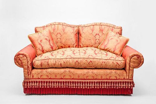 Red Damask Upholstered Two-Seat Sofa