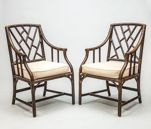Pair of George III Style Green-Stained Bamboo Cockpen Armchairs