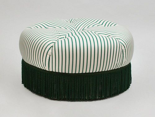 Green Striped Fabric-Upholstered Ottoman