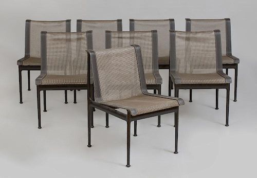 Set of Eight Painted Metal and Mesh-Upholstered Patio Chairs, Richard Schultz