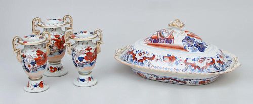Ironstone Platter and Cover, and Three Ironstone Vases