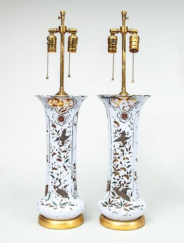 Pair of Tall Painted Glass Beaker-Form Lamps