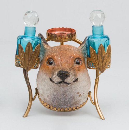 Gold Painted Bronze Fox Head Perfumer and a Hat Box-Form Terracotta Box
