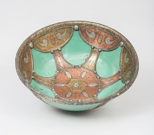 Moroccan Copper and Other Metal-Mounted and Painted Footed Wood Bowl