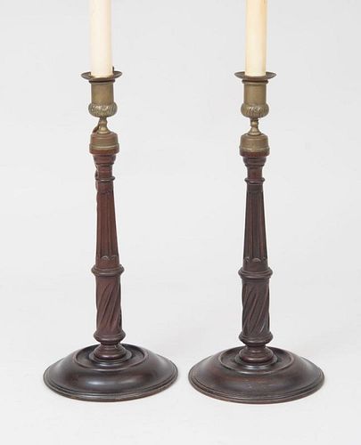 Pair of Turned-Wood and Brass Candlesticks, Mounted as Lamps
