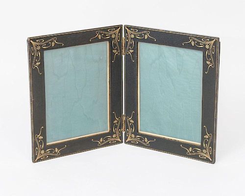 Art Nouveau Gilt-Tooled Leather Bi-Fold Picture Frame and a Brass Picture Frame