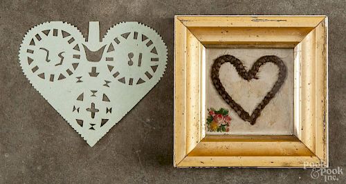 Hairwork heart valentine, dated 1884, together with a cut paper valentine, frame - 4'' x 4''