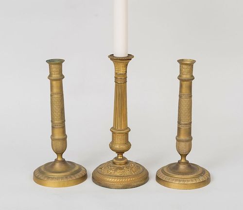 Pair of Empire Style Brass Candlesticks and an Empire Gilt-Metal Candlestick Lamp