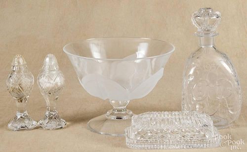 Colorless glass, to include a coronation decanter, 9 3/4'' h., two shakers, a butter dish