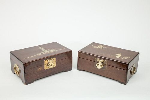 Two Similar Modern Chinese Brass-Mounted Wood Jewelry Boxes