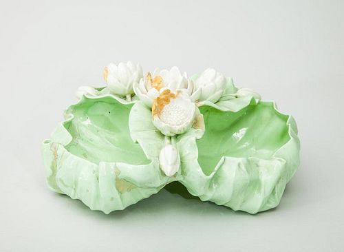 Italian Flower-Encrusted Green-Glazed Majolica Bowl