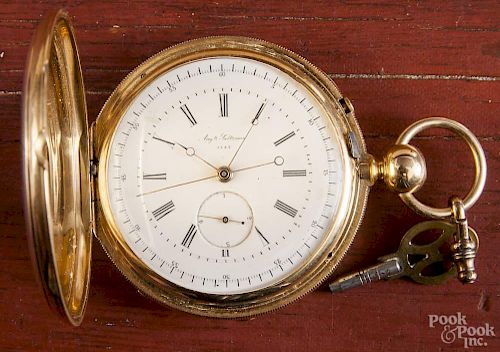 French 18K gold pocket watch, Auguste Saltrman, with hunting case dated 1914.