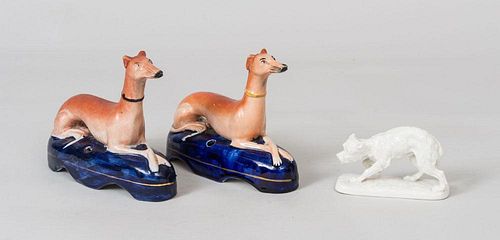Pair of Staffordshire Pottery Whippets and an Irish Wolfhound