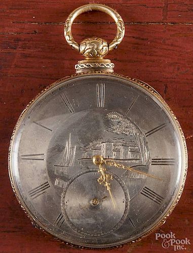 M.J. Tobias 18K gold key wind pocket watch, with an engraved case and dial.