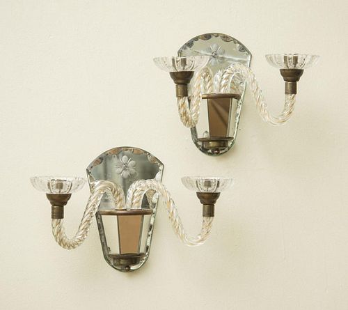 Pair of Mirror-Plate and Glass Two-Light Wall Sconces