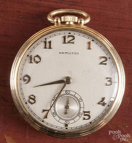 Hamilton 14K yellow gold pocket watch, #917, the case dated 1947.