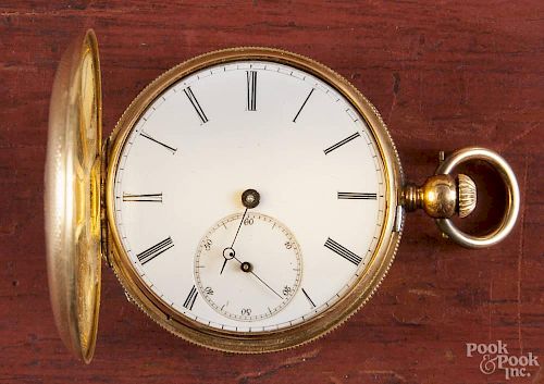 18K yellow gold unmarked pocket watch, Logle, with black line tracery on hunting case.