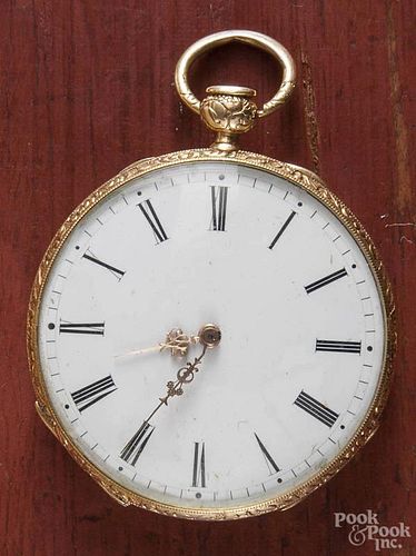 French 18K yellow gold pocket watch with key wind and enameled lettering on dust cover.