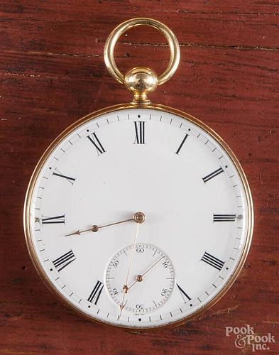 French 18K yellow gold pocket watch with key wind.