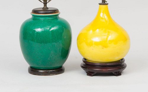 Two Glazed Stoneware Vases, Mounted as Lamps