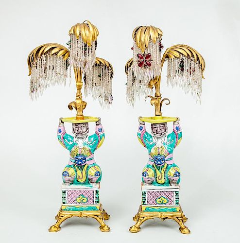 Pair of Gilt-Metal-Mounted Ceramic Famille Rose Porcelain Figural Table Lamps
