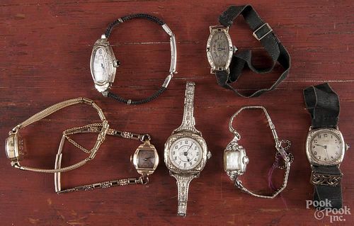 Seven ladies wrist watches, to include gold and other cases, gold-filled and ribbon bands, etc.