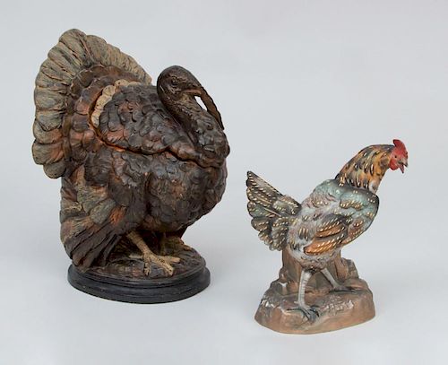 Ceramic Turkey-Form Box, a Ceramic Figure of a Rooster, and a Staffordshire Porcelain Hen-on-Nest