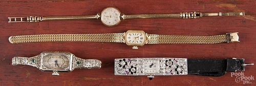 Four ladies wrist watches, to include gold and other, ornate diamond and enamel, filigree, etc.