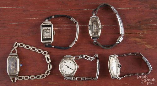 Five ladies wrist watches, to include gold and other, cord bands, etc.