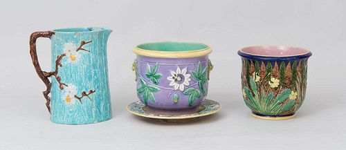 Two Majolica Porcelain Jardinières and a Turquoise Porcelain Pitcher
