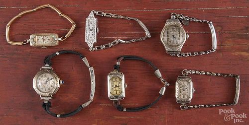 Six ladies wrist watches, to include gold and other, cord bands and other, etc.