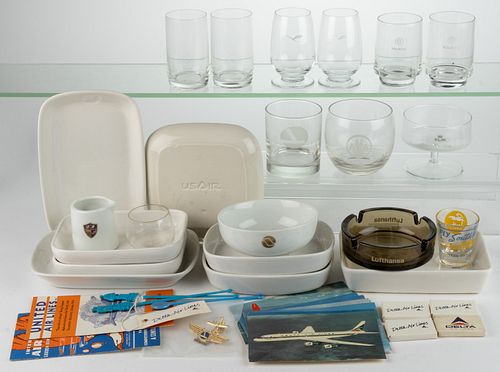 ASSORTED COMMERCIAL AIRLINES SERVICE WARES AND OTHER ARTICLES, LOT OF 46