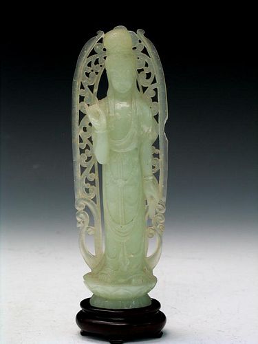 Chinese Carved Celadon Jade Figure of Guanyin