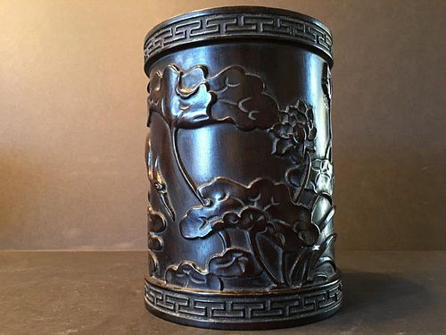 Antique Chinese large Zitan Brush Pot (Bitong), Qing period. 6" high, 4 1/2" wide. The pot is thick and very heavy.