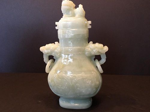 A Fine Chinese Celadon White Jade Vase with Foo Lion lid, 8 1/2" H x 5" wide. Large and heavy.