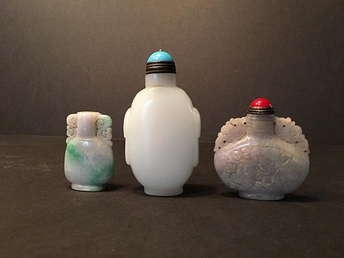 ANTIQUE White And green Jade Snuff Bottles, 2", 2 1/2" and 3 1/2" high