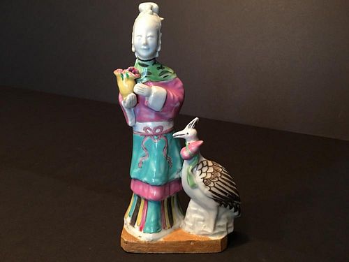Antique Chinese Famille Rose Meiren with a Quail, 18th Century. 7 1/4" high
