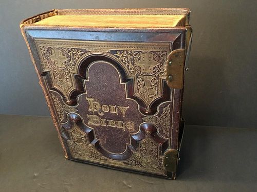ANTIQUE Holy bible with Brass Clasps and gilt page edge, Ca 1870-1890. 13 1/4 x 10 1/2 x 4 1/4"
