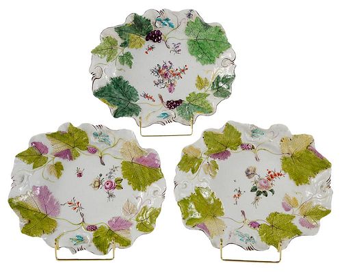 Three Chelsea Porcelain Grape-Leaf Dishes