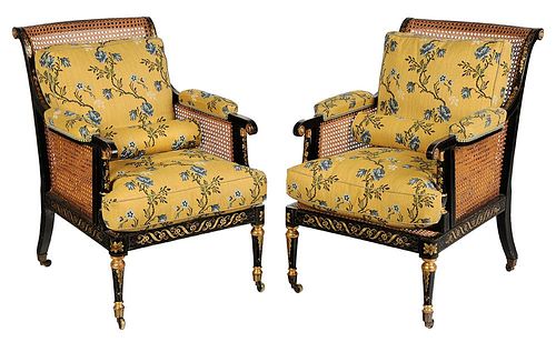 Pair of Regency Ebonized and Parcel Gilt Caned Armchairs