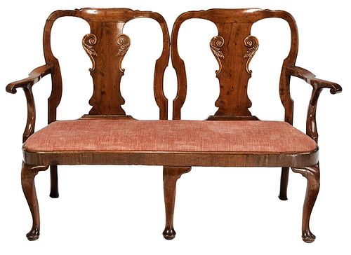 George II Carved Walnut Upholstered Double Chairback Settee