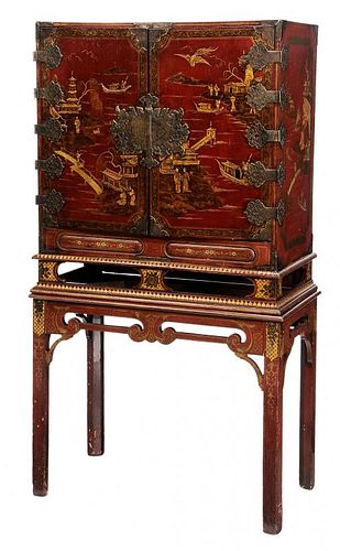 William and Mary Red Japanned and Brass Mounted Chest on Later Stand