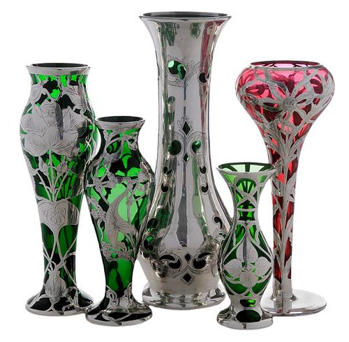 Five Glass Vases with Sterling Overlay