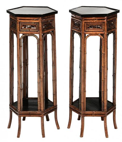 Pair Regency Bamboo and Ebonized Six Sided Urn Stands